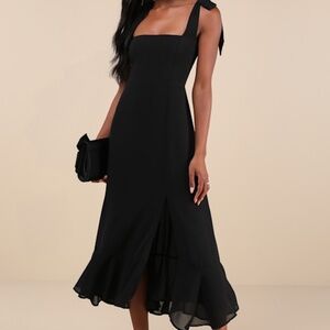 Lulus Summer Invite Black Tie-strap Tiered Midi Dress - Size L